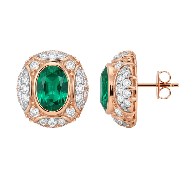 Luxury Design Vintage Oval Natural Emerald & Diamond Cluster Stud Earrings in 14k gold