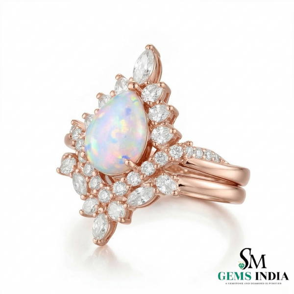 Vintage Teardrop Opal Oval Engagement Ring Double Band Statement Ring