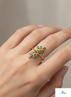 080 carats Gold Leaf Ring with Natural Green Emeralds 14k Gold Fine Jewelry