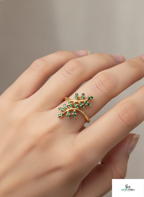 080 carats Gold Leaf Ring with Natural Green Emeralds 14k Gold Fine Jewelry