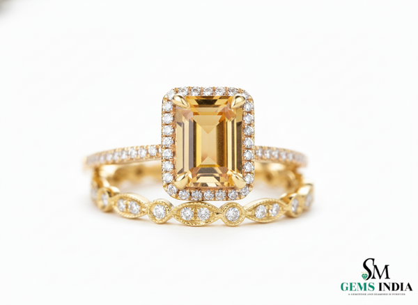 Luxury Emerald Cut Double Band Citrine Ring with Diamond Halo