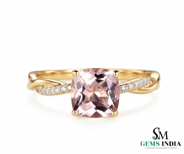 Cushion Cut Peach Morganite Ring with Twisted Diamond Band