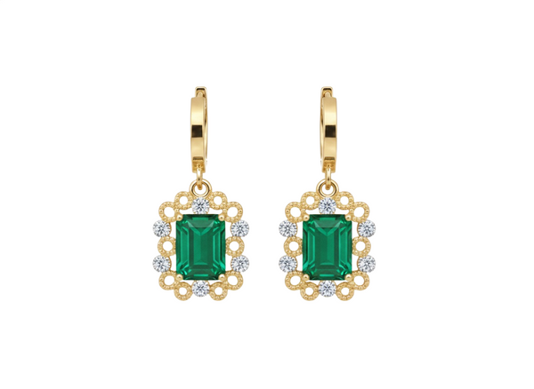 Gold Drop Earrings with Emerald cut Natural Green Stone & Sparkling Halo