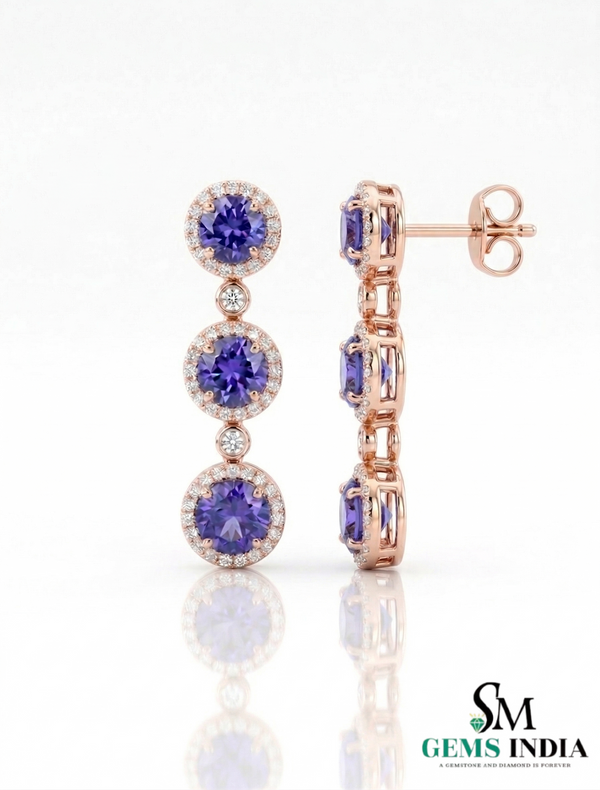 Round Tanzanite Triple Halo Diamond Dangle Earrings