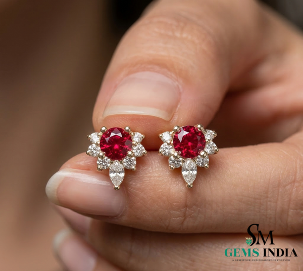 Round Ruby & Diamond Halo Stud Earrings Elegant Fine Jewelry Gift for Women