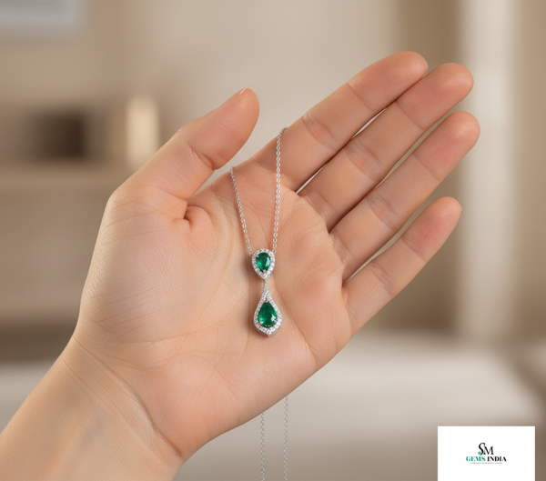 4 carat Double Pear Emerald and Diamond Halo Pendant in 14K Gold Gift for her