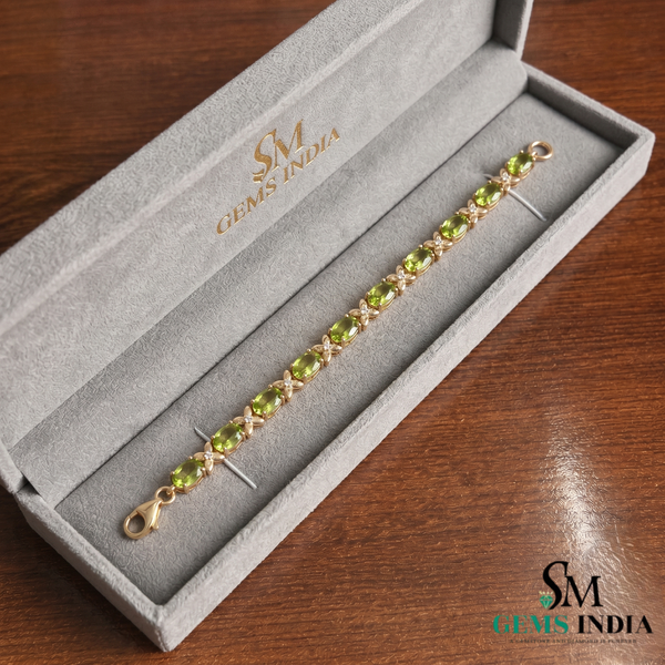 Natural Oval Peridot Bracelet with Diamond Flower Links for Women – August Birthstone Jewelry