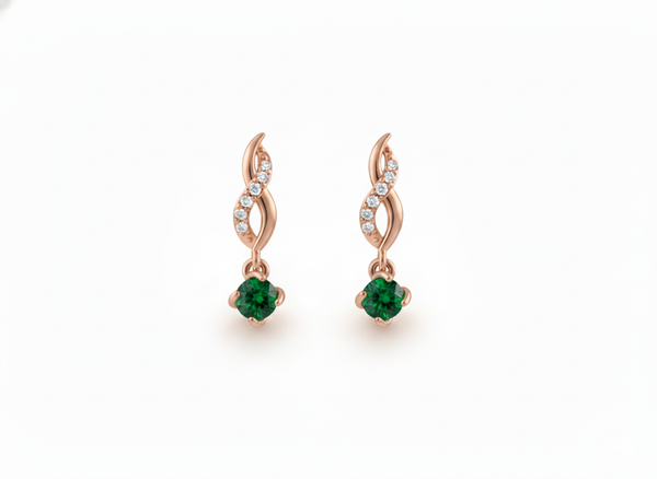 1.80 carat Gold Swirl Diamond Earrings with Round Natural Emerald Drops Gift for her