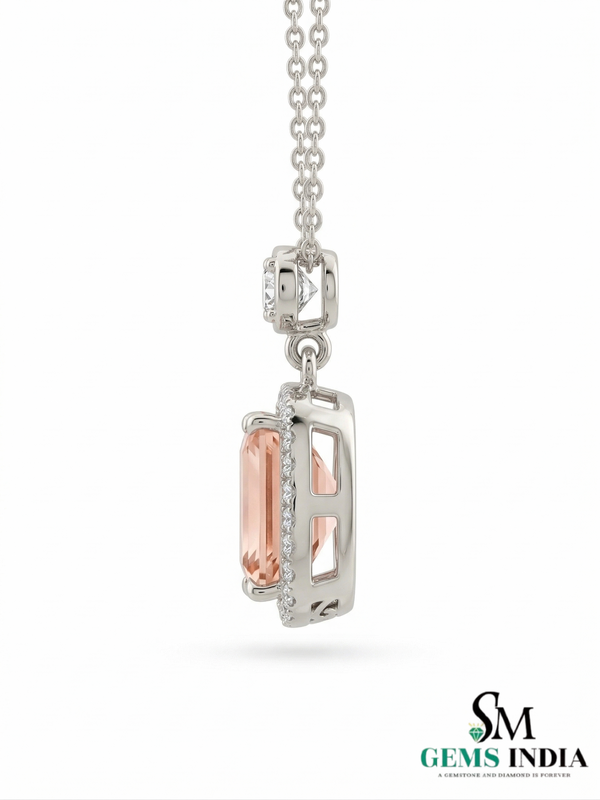 Luxury Emerald Cut Morganite & Diamond Halo Pendant Necklace