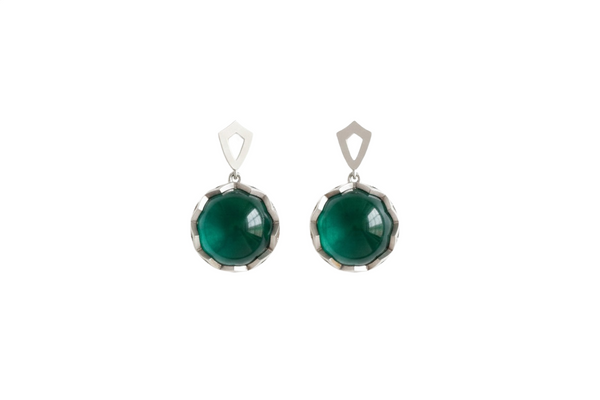 Emerald Dangle Earrings 14k Gold Round Cabochon May Birthstone