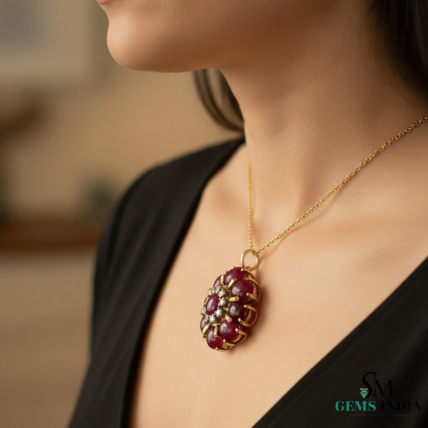 Classic Cabochon Natural Ruby Floral Pendant Necklace – Elegant Fine Jewelry