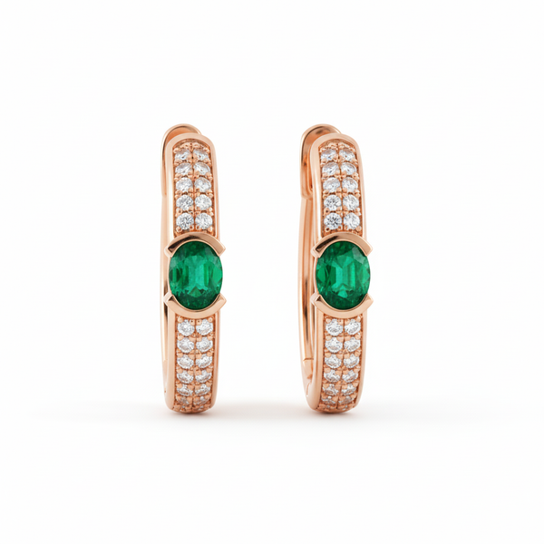 Oval Natural Emerald & Diamond Huggie Hoop Earrings in 14k and 18k Gold