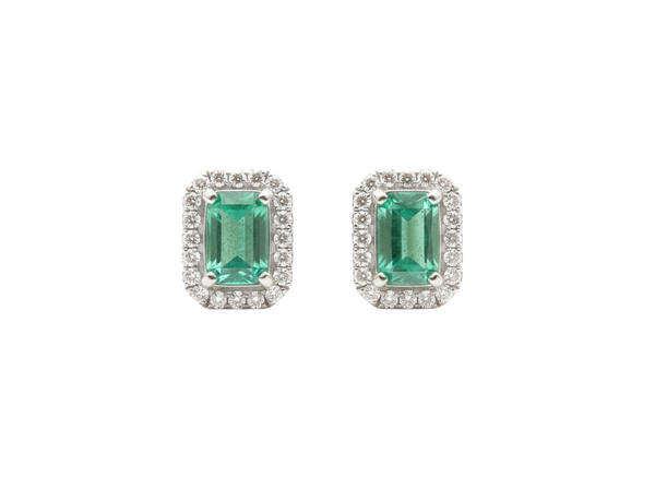1.90 carat Emerald-Cut Green Emerald Stud Earrings Diamond Halo Design