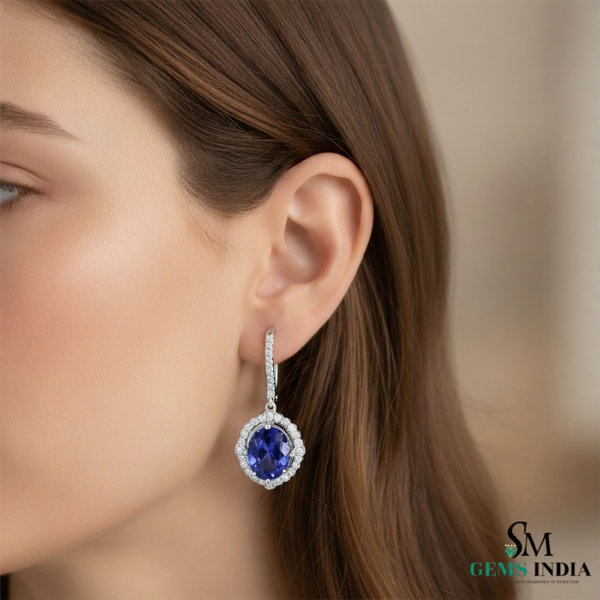 Elegant Oval Blue Tanzanite Diamond Halo Earrings - Fine Gemstone Jewelry