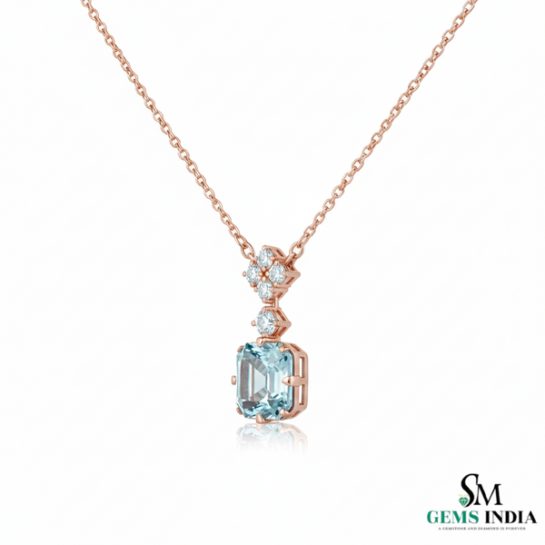 March Birthstone Octagon Cut Aquamarine & Diamond Pendant - Blue Gemstone Jewelry