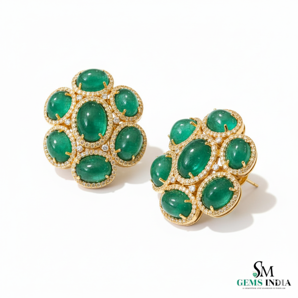 9.50 carat Oval cabochon Emerald Cluster Stud Earrings with Diamond Halo in 14k and 18k gold