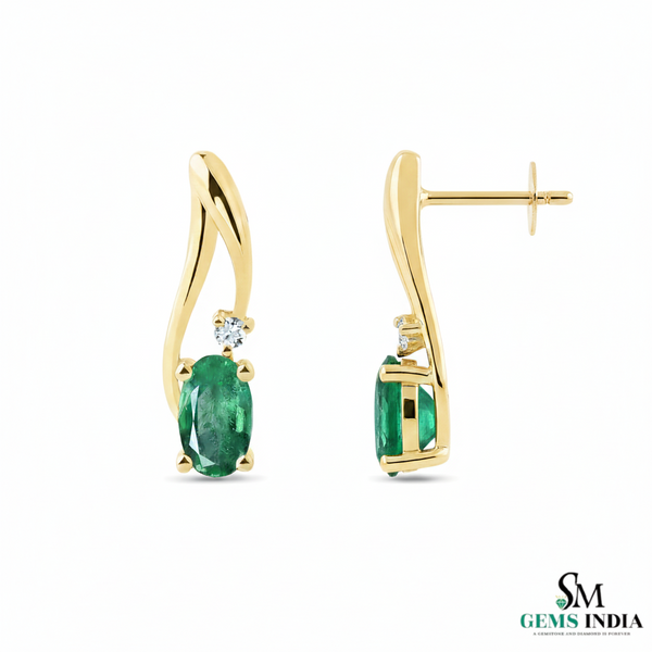 Classic Oval Emerald & Diamond Curved Drop Earrings
