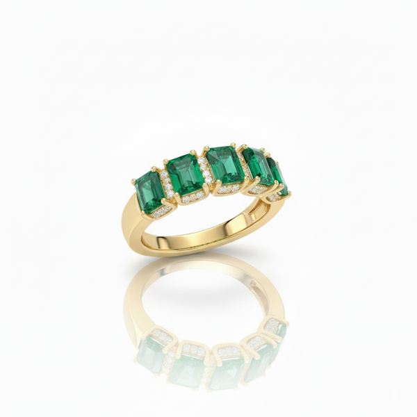 Elegant Five Emerald Cut Natural Emerald Gemstone Ring with Diamond Accents