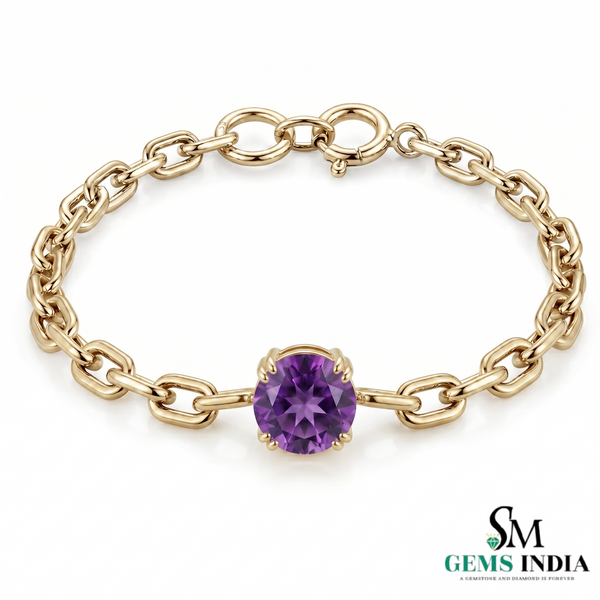 Natural Round Cut Amethyst Gemstone Link Chain Bracelet - Gemstone Jewelry Gift for Her