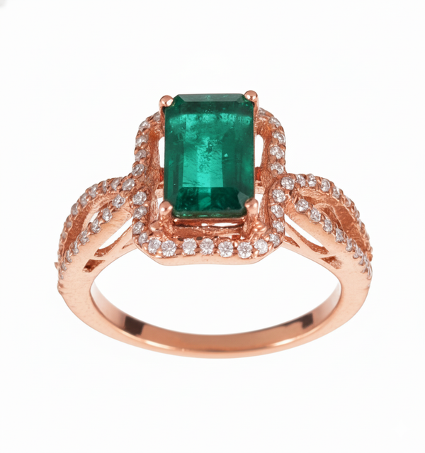 3.20 Carats Natural Emerald Twisted Emerald And Diamond Engagement Ring