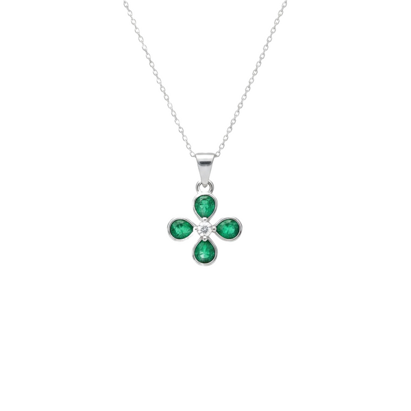Pear shaped Natural Emerald and Diamond Four-Leaf Clover Pendant in 14K Gold Gift for her