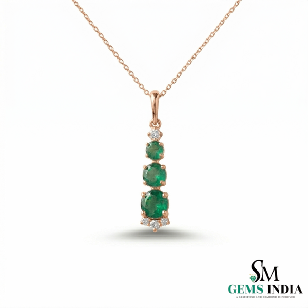 Fine Jewelry Three Stone Emerald ; Diamond Drop Pendant