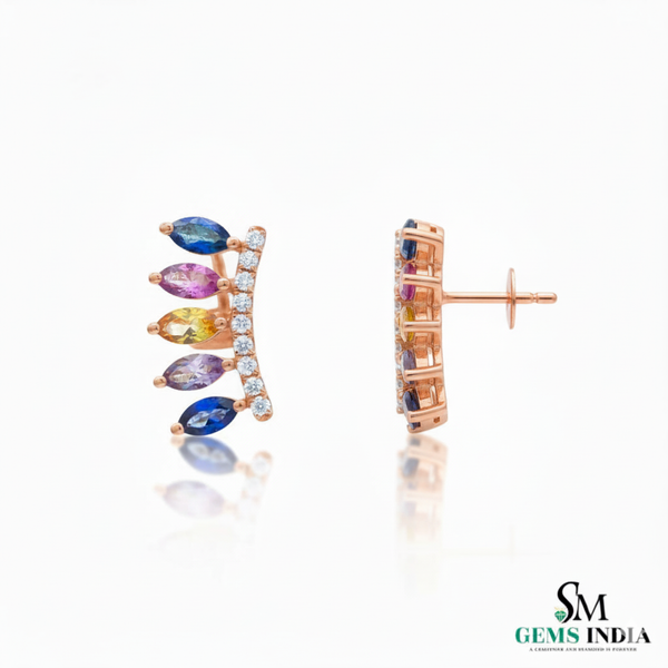 Marquise Shape Natural Rainbow Multi Sapphire And Diamond Stud Earrings - 18k Yellow Gold