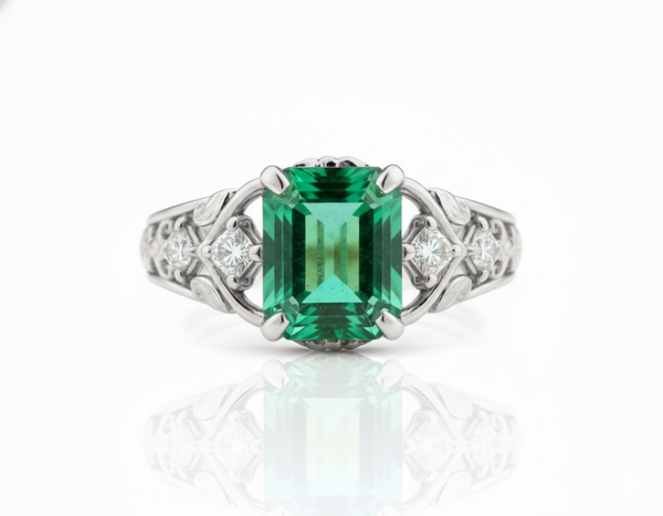 2.80 carat Octagon Natural Emerald And Diamond Engagement Ring in 18k gold Gift For Her