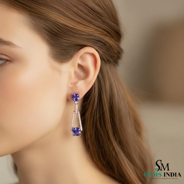 Cushion Cut Tanzanite & Diamond Drop Earring - Luxury Gold Jewelry