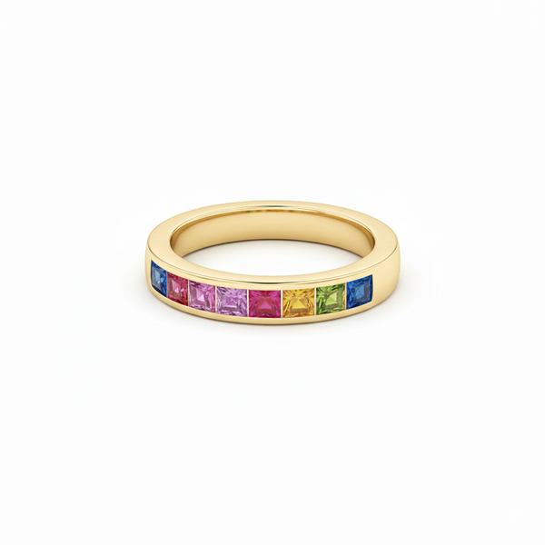 Doppelter Smaragd-Ring in offenem Design aus 14 Karat Gold – Band mit quadratisch und rund geschliffenen grünen Edelsteinen