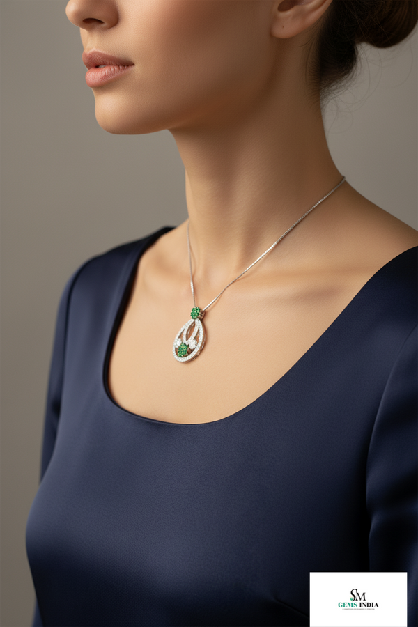 Floral Double Loop Round Natural Emerald and Diamond Teardrop Pendant in 14k gold