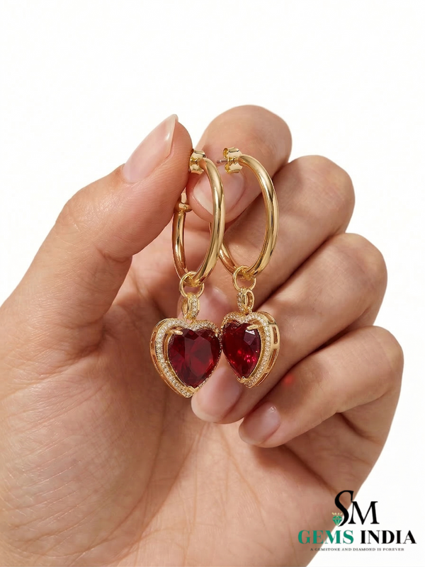 Heart Shaped Ruby Dangle Hoop Earrings with Diamond Halo - Romantic Jewelry For Her