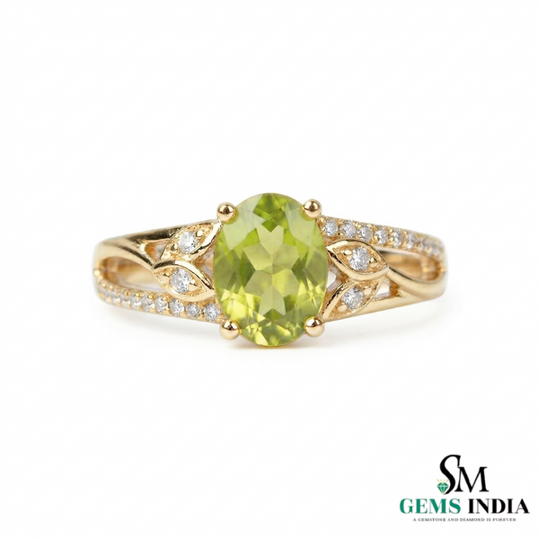 Oval Peridot Ring with Diamond Leaf Accents - Promise ring