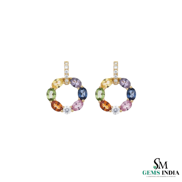 Rainbow Gemstone Hoop Earrings in Gold – Multicolor Oval Stone Drops