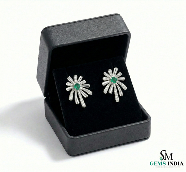 Emerald & Diamond Floral Burst Stud Earrings - Fine Emerald Jewelry