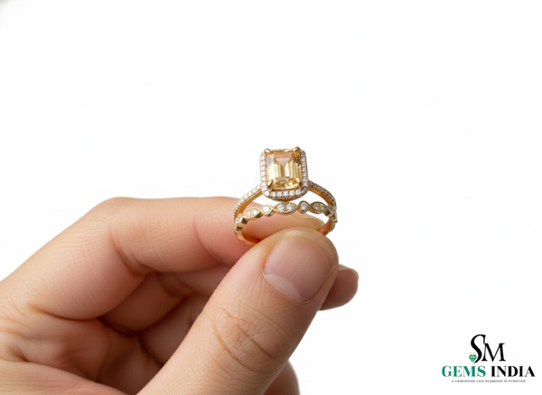 Luxury Emerald Cut Double Band Citrine Ring with Diamond Halo