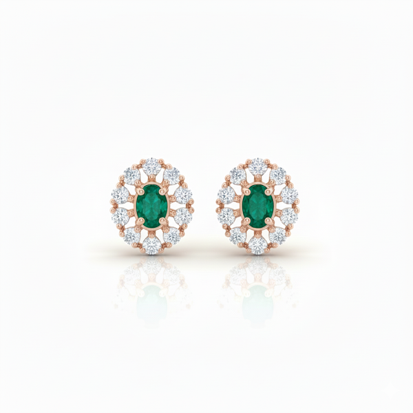 Oval Natural Emerald Stud Earrings 14k Gold Diamond Halo Earrings