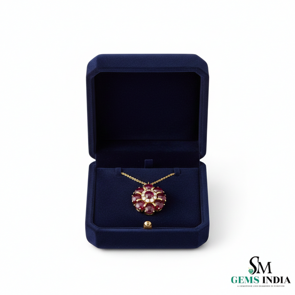 Classic Cabochon Natural Ruby Floral Pendant Necklace – Elegant Fine Jewelry