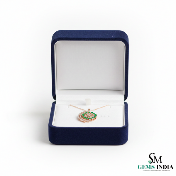 Round Natural Emerald; Diamond Spiral Flower Pendant in 18K Gold