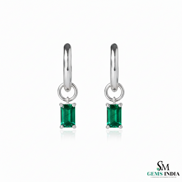 Emerald Cut Emerald Drop Hoop Earrings in Gold – Dainty Emerald Huggie Earrings