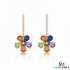 Rainbow Flower Drop Earrings Pear cut Multicolor Gemstone Dangle in 18k gold
