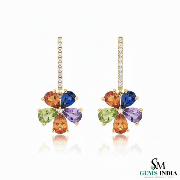 Rainbow Flower Drop Earrings Pear cut Multicolor Gemstone Dangle in 18k gold