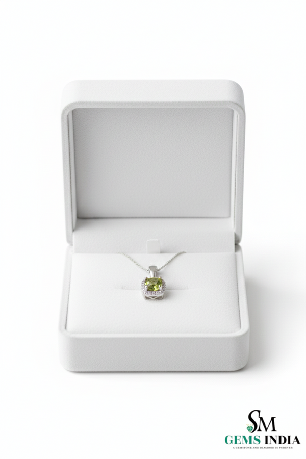 Cushion Cut Natural Peridot Diamond Halo Pendant For Woman