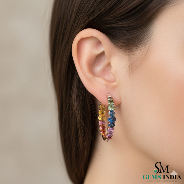 Oval and Round Gemstone Rainbow Hoop Earrings Vibrant Multicolor Hoops