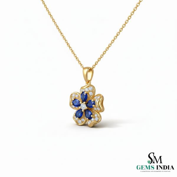 Floral Oval Blue Sapphire Diamond Flower Pendant - Engagement Gift For her