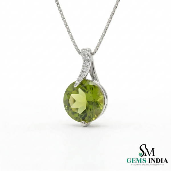Round Peridot Pendant with Diamond Accent - Elegant Minimalist Birthstone Jewelry