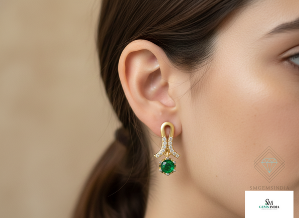 1.90 carat Natural Emerald Round Drop Earrings in 14k Gold Classic Round Green Gemstone Earrings