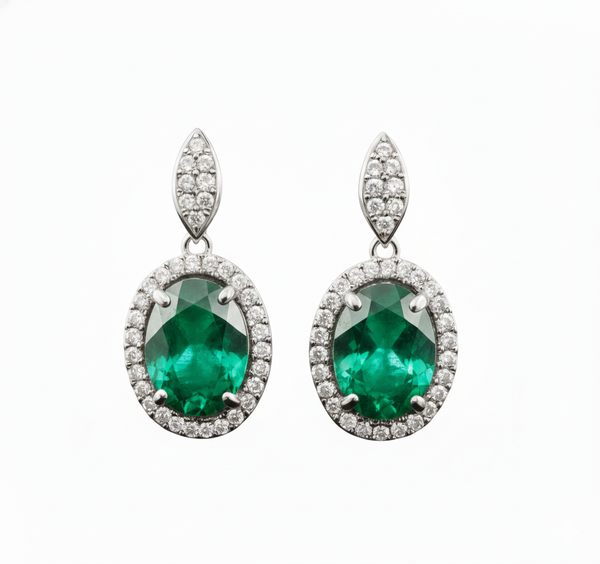 Vintage-Inspired Oval shape Natural Emerald Diamond Halo Earrings
