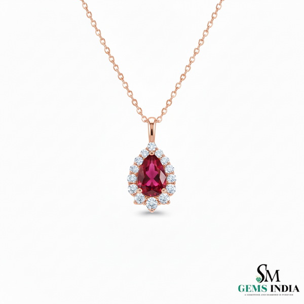 Pear Cut Natural Ruby and Diamond Halo Pendant in 14K gold