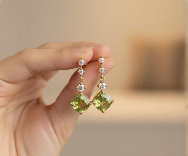 Cushion Cut Natural Peridot Diamond Dangle Earrings